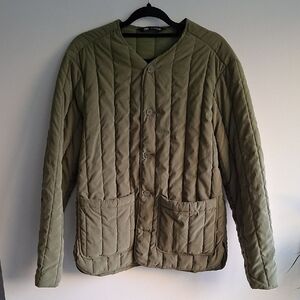 Zara Olive/Khaki Quilted Collarless Chore Jacket with Patch Pockets (Size M)